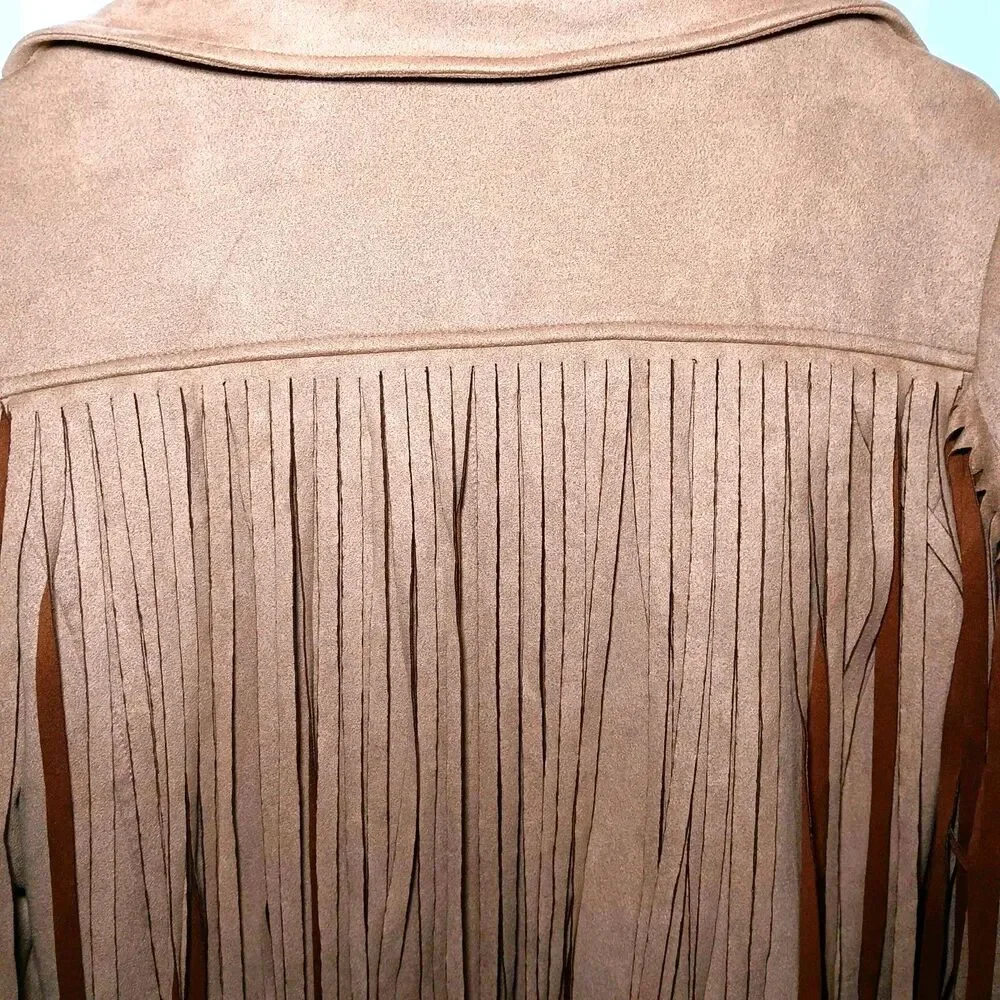 NWT Chartou Faux Suede Camel Color Jacket Sz M Cropped Fringe Open Front - Picture 6 of 10